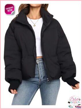 Flygo Cropped Puffer Jacket Full Zip Quilted Winter Coat